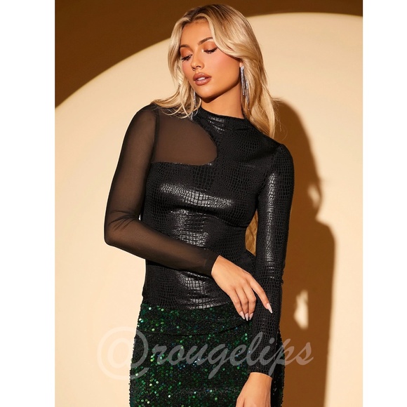 Black Reptile Pattern Textured Mesh Insert Asymmetrical Long Sleeve Tee Shirt - Picture 2 of 8